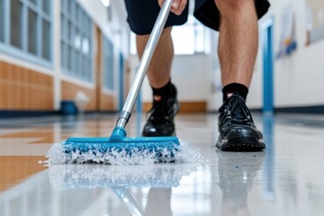 A person with a blue mop and soap suds diligently scrubs a playful, checkered floor pattern in a corridor, emphasizing cleanliness, dedication, and care in maintenance.