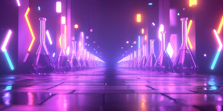 Neon Lit Pathway of Erlenmeyer Flasks Reflecting Purple Light, Illuminated by Vibrant Neon Colors