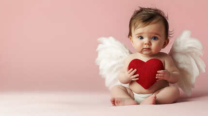A cute baby with red and white wings holding a red heart , set against a soft pink background flat surface. The design features ample blank space, making it perfect for a Valentine’s Day gift card.