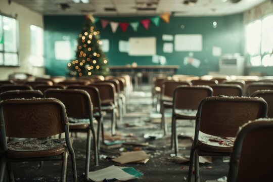 A vacant classroom featuring a Christmas tree with lights, scattered books, and chairs, creating a sense of nostalgia and seasonal tranquility. - Powered by Adobe
