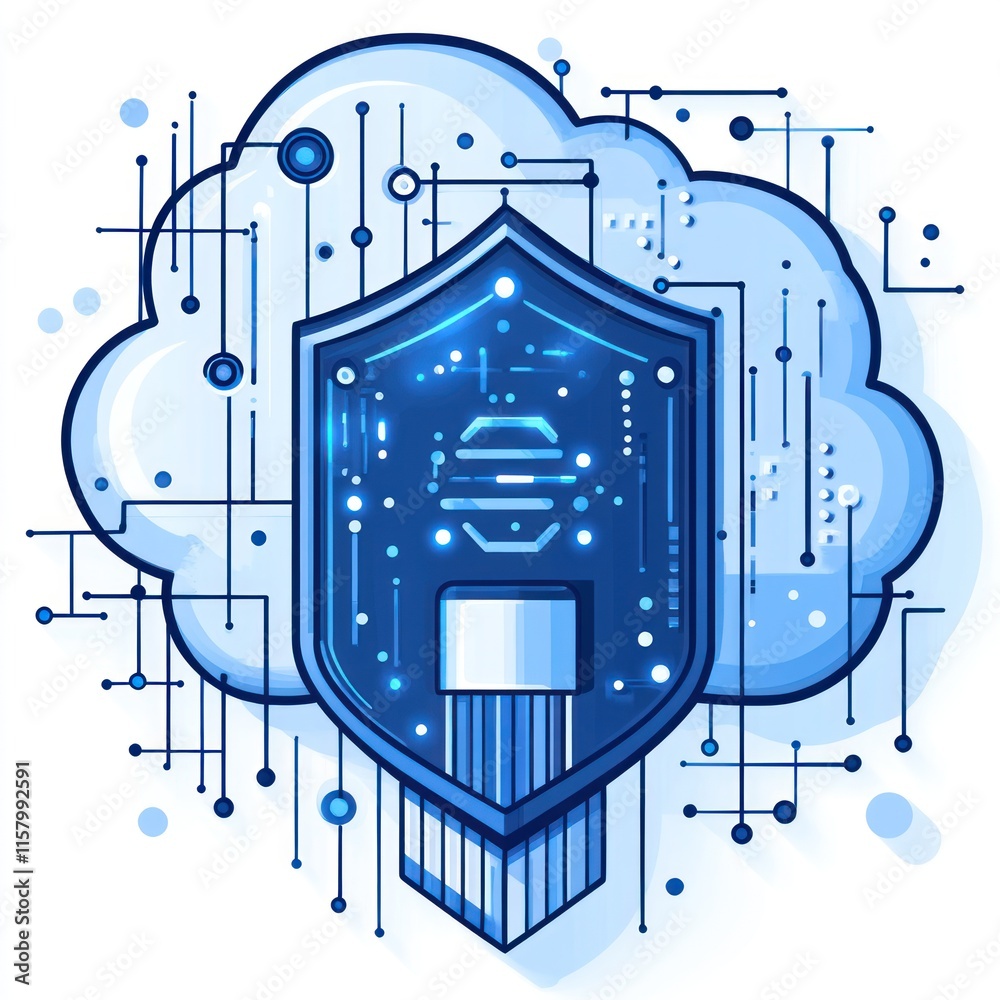 Poster cloud computing security, digital shield protecting data in the cloud.