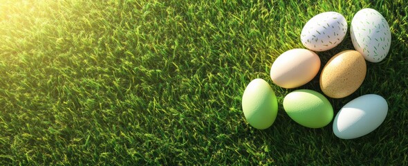Naklejka premium Colorful, beautifully decorated Easter Eggs set against a lush, fresh Green Grass, all glistening under the Bright Sunlight, creating a vibrant and cheerful atmosphere alive with seasonal joy and fun