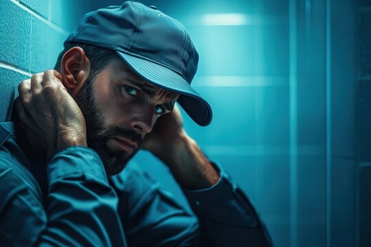 A solemn soldier rests against a blue-tiled wall, captured in a moment of stillness and deep reflection, within an atmosphere of muted blue hues.