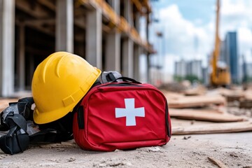 The image shows a construction scene with essential safety equipment - a hard hat and a first aid kit - signifying safety readiness and precautionary measures at work.