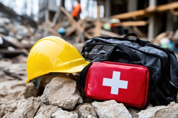 In a backdrop of construction debris, a yellow hard hat beside a red first aid kit reflects safety, diligence, and the importance of health precautions.