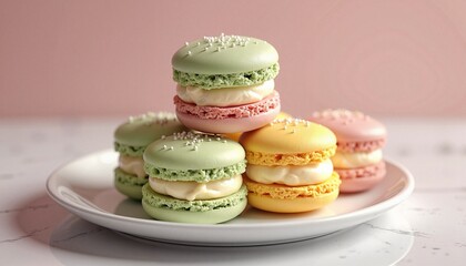 Pastel French Macarons with Delicate Sprinkles on White Plate