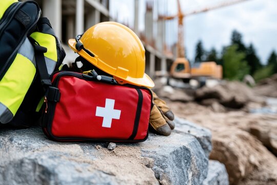 A red first aid kit and a yellow hard hat laying on rocks at a construction site, symbolizing safety and preparedness in a busy work environment outdoors.