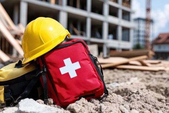 A construction zone with a prominent yellow hard hat and red first aid kit highlighting safety measures essential on such sites, portraying alertness and vigilance.