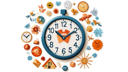 Colorful clock surrounded by various icons representing time, nature, and communication, creating vibrant and engaging design