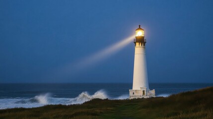 A lone lighthouse beams hope into the stormy night, its light piercing the dark skies and guiding weary sailors through the crashing waves and howling winds.