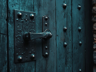 Obraz premium Antique Wooden Door with Metal Handle and Rivets