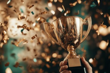 A gleaming golden trophy is surrounded by a cascade of colorful confetti, epitomizing triumph and jubilance on a special occasion.