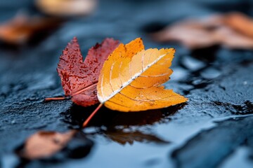 Wet autumn leaves in red and yellow rest on the ground, embodying the serene transition of nature through the seasons in a peaceful outdoor setting.