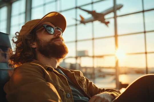 A relaxed man, donning sunglasses and a cap, enjoys the tranquil airport setting as a plane takes flight against the backdrop of a golden sunset sky.