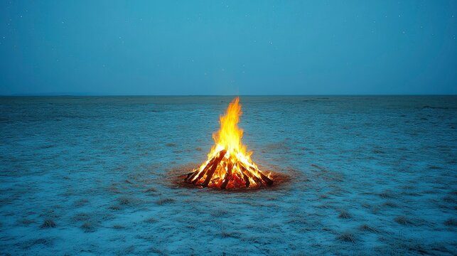 A quiet, reflective moment by a glowing campfire under a starlit sky, the flames casting a warm glow as the vast expanse of stars creates a tranquil backdrop.