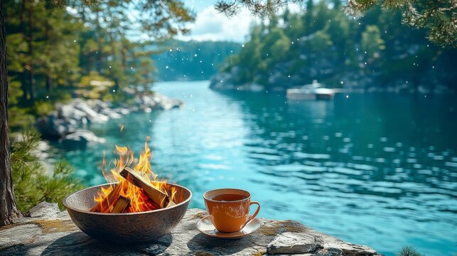 A quiet, reflective moment by a glowing campfire under a starlit sky, the flames casting a warm glow as the vast expanse of stars creates a tranquil backdrop.