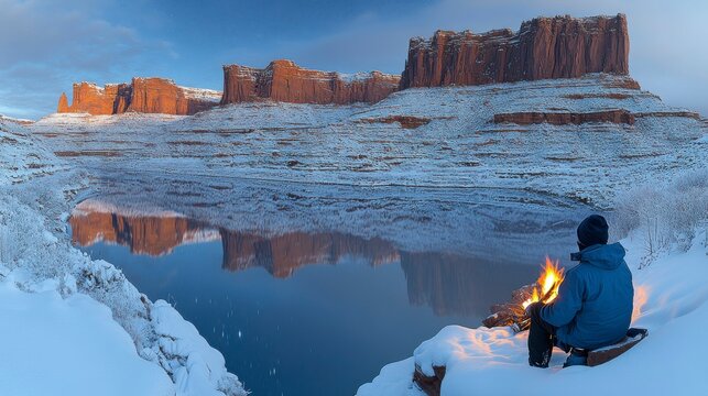 A quiet, reflective moment by a glowing campfire under a starlit sky, the fireâ€™s light flickering in the still air as the vast sky above provides a breathtaking, serene backdrop.
