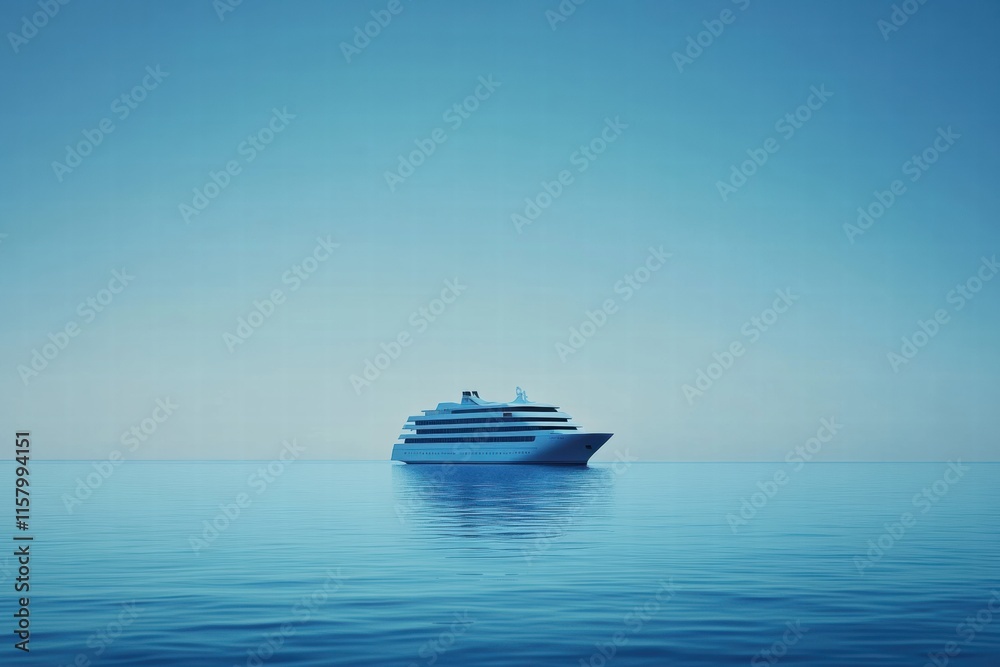 Poster luxury cruise ship gliding smoothly on a tranquil sea at sunset with plenty of blue open space for t