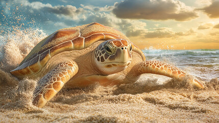 Obraz premium Majestic Sea Turtle Emerges from Ocean Waves at Sunset, Majestic Ocean Creature Gracefully Moves Ashore