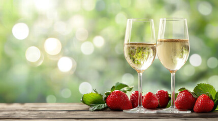 romantic picnic scene with strawberries and wine glasses on wooden table