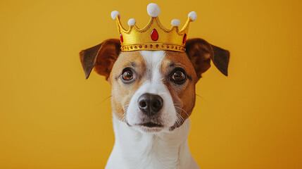 Little dog with crown, yellow background