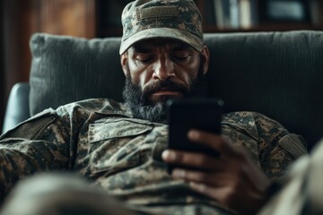 A soldier in camo uniform sits comfortably on a couch while checking his smartphone, exhibiting a sense of relaxation and focus, contrasted with his military attire.