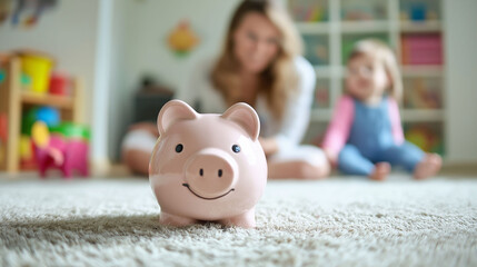 Obraz premium Pink piggy bank in the foreground, in the background mom playing with her little daughter in the playroom