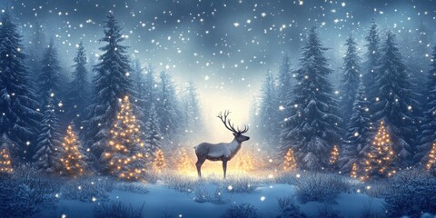 Magical christmas scene with reindeer winter wonderland digital artwork snowy forest enchanting viewpoint