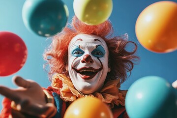 A cheerful clown with bright red hair and makeup juggles an array of colorful balloons against a clear blue sky, expressing pure joy and playful energy.