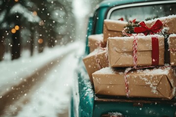 A collection of holiday presents sits in the snow-laden bed of a vintage truck, wrapped in brown paper and red twine, depicting a classic winter celebration theme.
