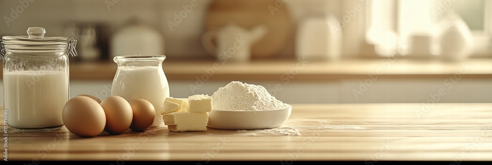 Aufkleber ingredients arranged on a wooden kitchen counter for baking preparations with ample copy space avail