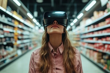 Wearing a virtual reality headset, a woman explores a store aisle, her expression a blend of curiosity and amazement, highlighting technology and convenience.