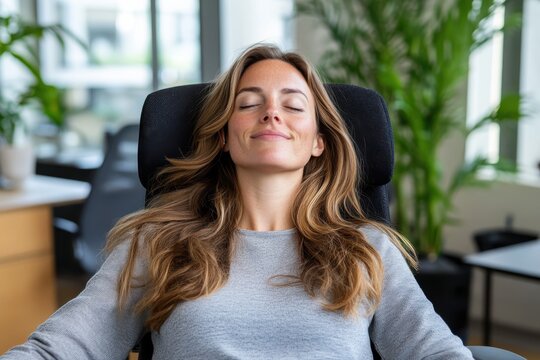 A relaxed woman with closed eyes leans back in a comfortable office chair, showcasing the bliss of taking a moment of peace and tranquility in a busy workplace.