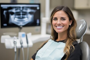 A young dentist poses confidently in a dental office, seated in a chair equipped with various dental tools, with a dental x-ray displayed on the screen behind.