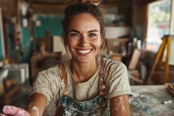 A cheerful artist smiles, covered in paint, in a vibrant workspace, wearing an apron and surrounded by canvases and brushes, epitomizing creative expression.