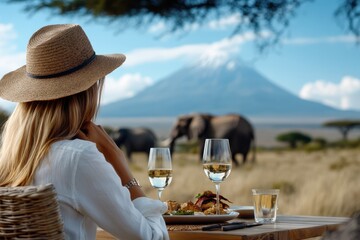 A woman enjoys a meal with wine, seated outdoors with a stunning view of a mountain and elephants in the distance, representing leisure and adventure in nature.