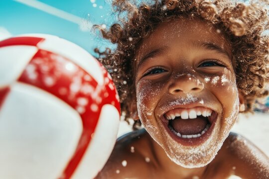 Smiling brightly, the sandy-haired child frolics with a red volleyball on a sunny beach, epitomizing joyous and carefree play in a lively summer scene.