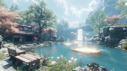 A park where floating benches drift gently among trees that glow with soft, radiant light, their branches forming glowing fountains that cascade beams of light into the serene atmosphere.