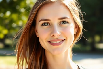 Naklejka premium Portrait of a Happy Young Woman with Long Blonde Hair Smiling in Natural Outdoor Light