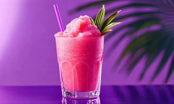Bright pink slushy drink in a glass with a straw.