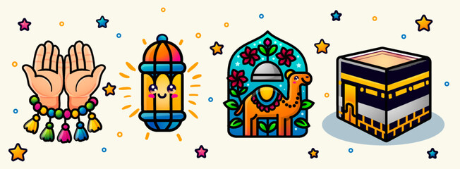 Beautiful cute doodle art cartoon ramadan kareem elements collection set, kaaba, camel, mosque, islamic lanttern