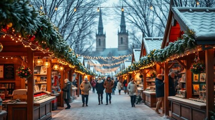 Enchanting Winter Market Scene with Snow-Covered Stalls and Festive Decorations
