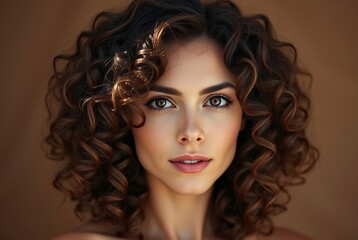 Fototapeta premium Close-Up Portrait of a Young Woman with Curly Hair and Natural Makeup