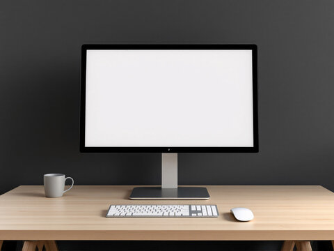 Modern computer setup on wooden desk against black background.