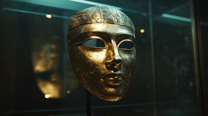 Gold funerary mask, ancient artifact, museum display.