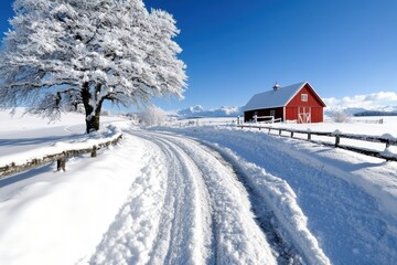 An enchanting winter scene with a charming red barn nestled in a snow-blanketed landscape, highlighting a gorgeously frosted tree and clear blue skies.
