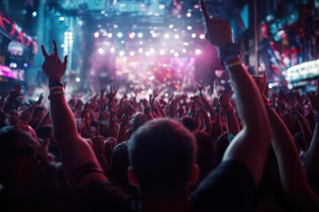 Energetic concert-goers raise their hands in unison under colorful lights at an indoor venue, capturing the collective excitement and pulse of live music entertainment.