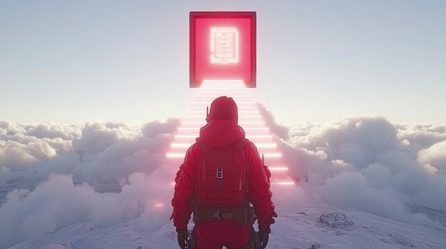 A celestial stairway of light winds toward the clouds, each radiant step glowing with energy, leading to an unknown but inviting world where dreams and serenity await above the earth.