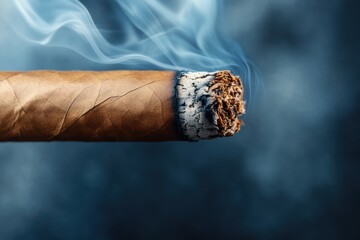 A detailed close-up of a lit cigar with its end burning and smoke gently rising against a blurred background, capturing the essence of relaxation.