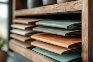 A collection of colorful leather sheets neatly arranged on wooden shelves, exhibiting a variety of textures and shades, creating a rich visual contrast.